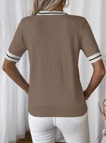 SHEIN LUNE 女士休闲V领短袖针织上衣，夏季 - 卡其色 - 查看 2