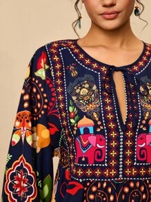 Travachic Plus Size Casual Vacation Tropical Bohemian Print Front Tie Bow Long Sleeve Loose Women Summer Autumn Outdoor Short Dress,Fall Clothes For Women - Navy Blue - View 6