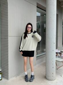 SHEIN 少女超大圆领运动衫，麻灰色，宽松版型，学院风运动休闲运动衫，数字印花，长袖简约运动上衣，适合返校季穿着，超大码