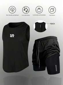 Manfinity Sport Corelite 男士时尚运动背心短裤套装，适合夏季运动健身、跑步等场合，舒适透气速干，宽松版型，是健身训练的理想之选。 - 黑色 - 查看 1