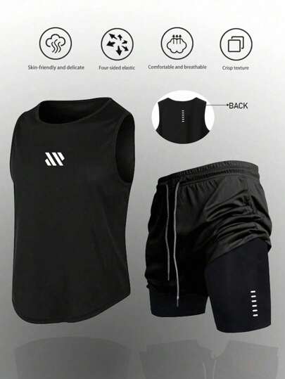 Manfinity Sport Corelite 男士时尚运动背心短裤套装，适合夏季运动健身、跑步等场合，舒适透气速干，宽松版型，是健身训练的理想之选。