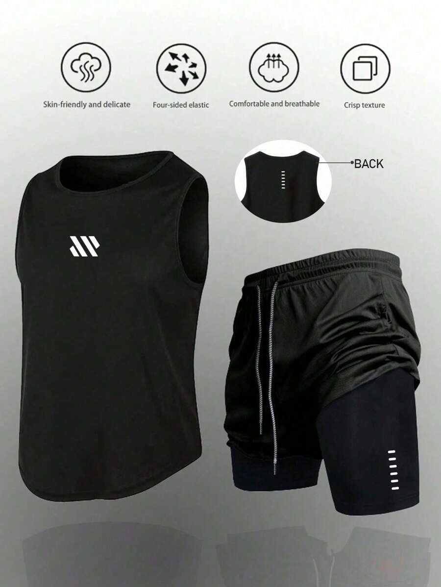 Manfinity Sport Corelite 男士时尚运动背心短裤套装，适合夏季运动健身、跑步等场合，舒适透气速干，宽松版型，是健身训练的理想之选。 - 黑色 - 查看 1