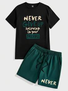 Manfinity LEGND 2 件套男士标语图案 T 恤，黑色上衣和绿色下装，夏季服装 - 彩色 - 查看 2