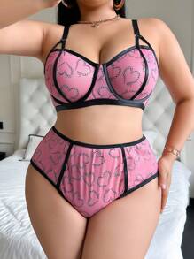 SHEIN 2件套心形印花网眼钢圈加大码文胸套装