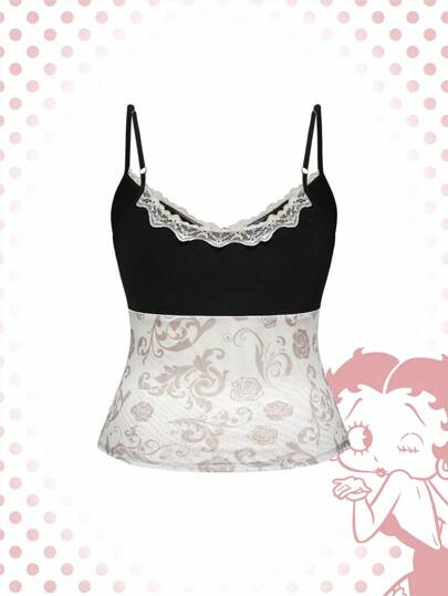 Betty Boop | ROMWE Back To School  Plus Size Women Cartoon Figure Graphic Contrast Lace Camisole Top