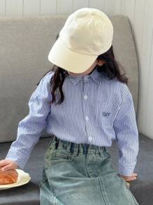 DAZY 年轻女孩竖条纹落肩长袖休闲宽松衬衫 - 藍色 - 查看 1