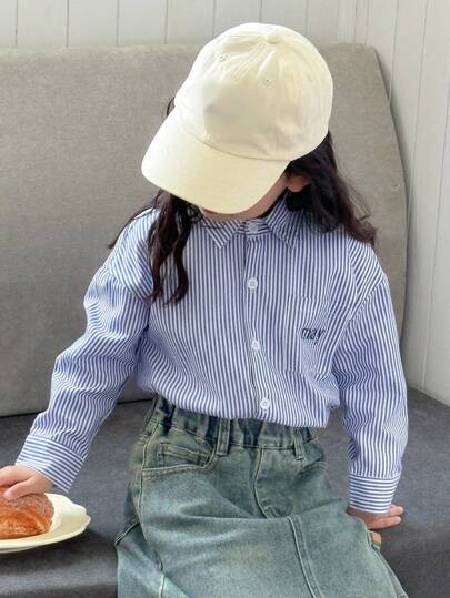 DAZY 年轻女孩竖条纹落肩长袖休闲宽松衬衫