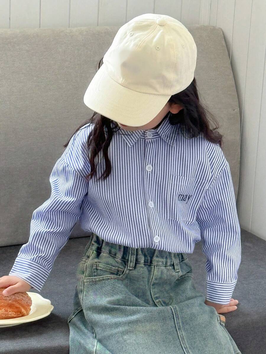 DAZY 年轻女孩竖条纹落肩长袖休闲宽松衬衫 - 藍色 - 查看 1