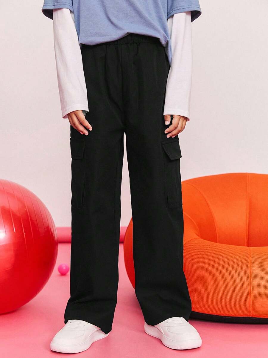 SHEIN 青少年男孩休闲舒适中腰工装口袋长裤 - 黑色 - 查看 1