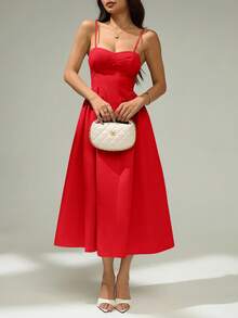 SHEIN PETITE Women's Solid Color Waist Cinched Elegant Spaghetti Strap Dress Red Midi Dress,Elegant Dresses For Women,Party Dresses For Women ,Petite Women - Red - View 5