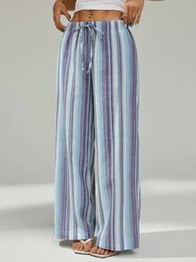 SHEIN PETITE Women's Long Woven Fabric Striped Casual Wide Leg Pants With Drawstring Waist