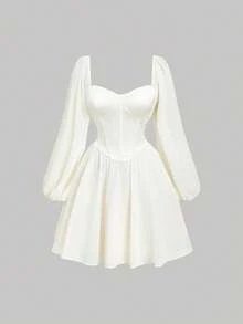 SHEIN MOD Abito a campana in chiffon con applicazioni in raso color albicocca, maniche a palloncino e cintura, lunghezza corta - Albicocca - Visualizzare 3