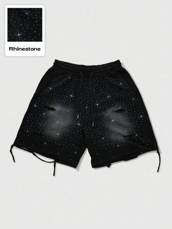 Street Life Short homme imprimé intégral avec ornements de strass, délavé. Convient pour le port casual au printemps/été