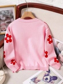 SHEIN Tween 女童休闲花卉图案圆领毛衣 - 粉色 - 查看 2