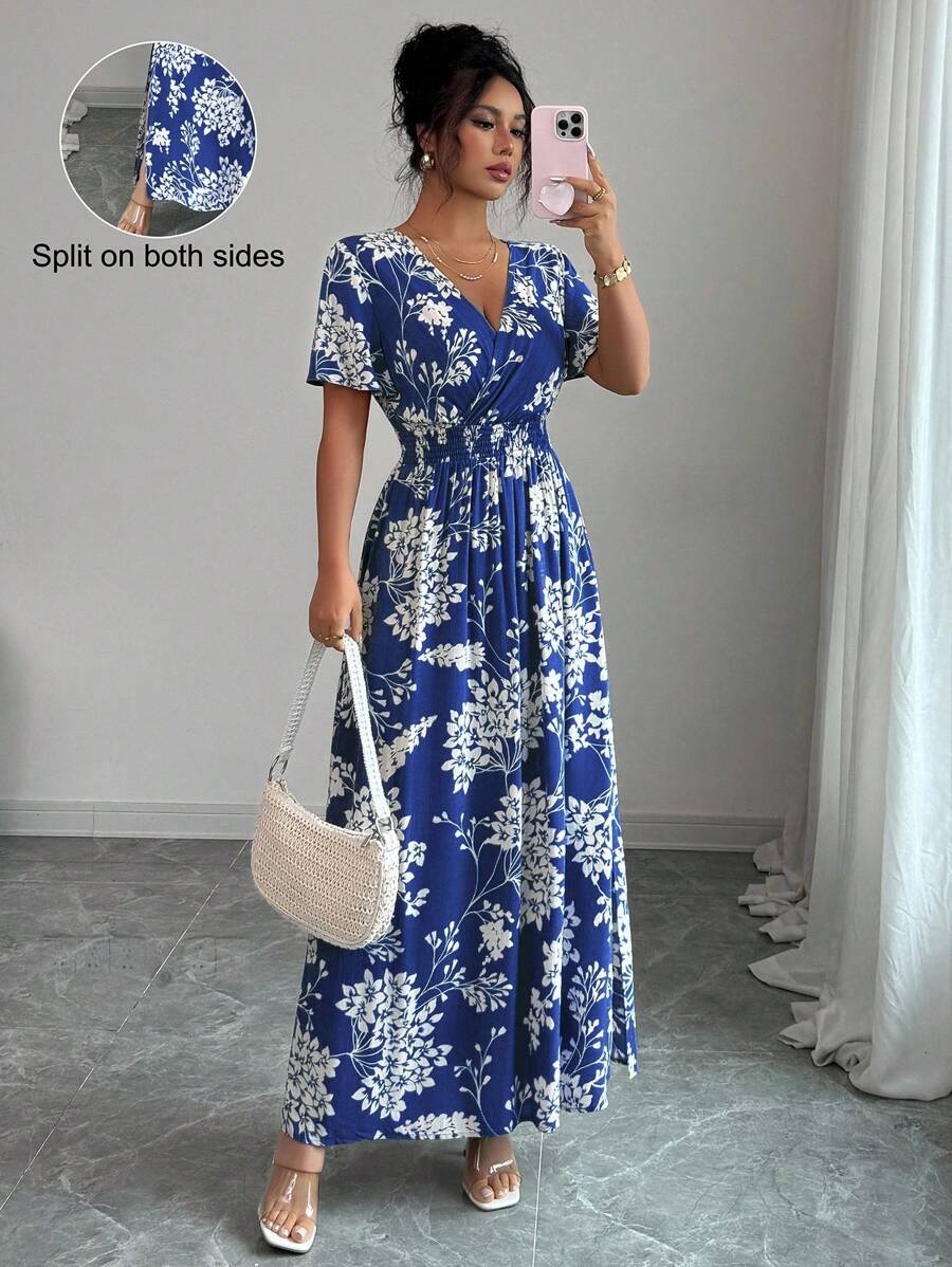 Elenzga Đầm chữ A xẻ tà hai bên tay loe, dáng chữ A, cổ tròn, thắt eo, thích hợp cho tiệc trà chiều, đi biển, mùa xuân/hè - Xanh đậm - Xem 1