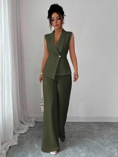 Selianne Women's Elegant Office Commute Afternoon Tea Party Outfit, Collared Asymmetric Hem Sleeveless Blazer Jacket With Metal Waist Buckle Decor, Paired With Stretchy Waist Trousers, 2-Piece Suit Set, Spring/Summer