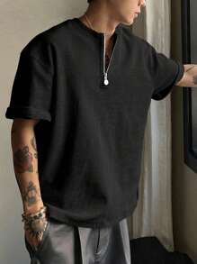 DAZY 男士纯色 1/3 拉链领灰色纹理面料 T 恤，夏季 - 黑色 - 查看 2