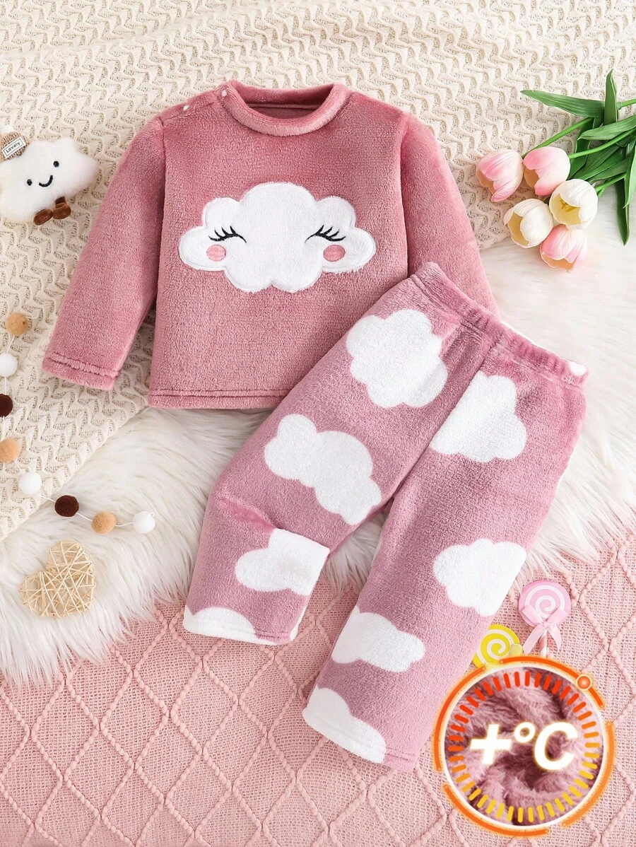 女婴云朵图案羊毛圆领上衣和印花羊毛裤两件套睡衣套装，秋冬 - 粉色 - 查看 1