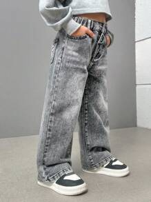 SHEIN Sparklyn 年轻女孩时尚休闲水洗牛仔直筒裤，带刺绣后袋，阔腿牛仔裤，儿童宽松牛仔裤，年轻女孩，女孩 - 灰色 - 查看 4