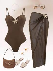 Swim Oasis 2件套女士夏季纯色吊带海星装饰长裙高衩连体泳衣套装 - 棕色 - 查看 3