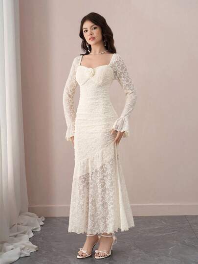 Pitira Pitira Teen Girls Vintage Jacquard Knitted Flower Print Snug Fit Fish Tail Dress, Suitable For Wedding, Bridesmaid, Graduation, Elegant Floral Jacquard Long Sleeve Patchwork Ruffle Hem Design White Lace Wedding Dress Long Sleeve Lace Wedding Dress Elegant White Dress Wedding Dress Lace Mermaid Wedding Dress