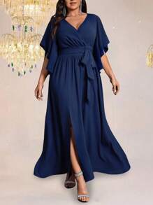 Auvina Plus Size Women's Solid Color Fitted V-Neck Flare Sleeve Tie Waist Ruched Slit Elegant Party Maxi Dress