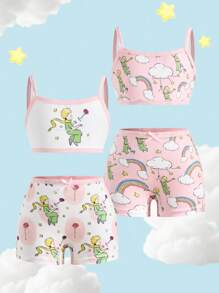 LE PETIT PRINCE X SHEIN 少女 2 双装 卡通人物彩虹印花蝴蝶结装饰文胸和宽松内裤套装 - 粉色 - 查看 1