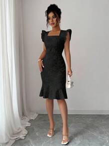 Elenzga 优雅提花纯色方领修身连衣裙，适合夏季通勤 - 黑色 - 查看 3