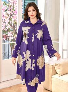 SHEIN Lacomfia 加大码花卉印花长袖上衣和长裙两件套，舒适休闲的阿拉伯风格女式秋季服装