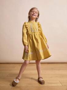 Maija Kids Maija Kids Vestidos de manga larga con ribete de Ruffle bordado para niñas jóvenes