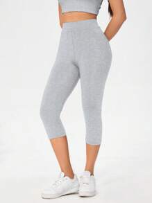 SHEIN Essnce Women's Solid Color High Waist Tight Fitting Capri Leggings, Casual & Versatile, Summer Fall Clothes Women's Sportswear - Light Grey - View 3