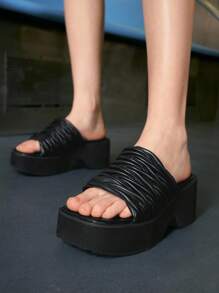 Sugerpunk Giày cao gót đế xuồng đế dày mũi vuông màu đen cho nữ, hàng mới 2025, giày cao gót đế dày chống thấm nước, quai cài mắt cá chân, giày cao gót La Mã - màu đen - Xem 1