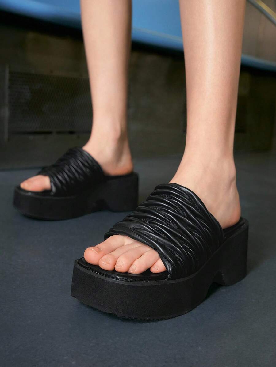 Sugerpunk Giày cao gót đế xuồng đế dày mũi vuông màu đen cho nữ, hàng mới 2025, giày cao gót đế dày chống thấm nước, quai cài mắt cá chân, giày cao gót La Mã - màu đen - Xem 1