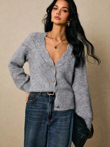 Poéselle Women's Solid Color Arched V-Neck Long Sleeve Single-Breasted Knitted Cardigan In Fall/Winter - Grey - View 6