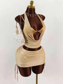 Y2K Amplova Women's Gold Solid Color Shiny Spaghetti Strap Cropped Camisole And Pleated Bodycon Mini Skirt Sexy 2-Piece Set Gold Two Piece Set. ,Ideal For School And Club. Glitter Two Piece Set - Champagne - View 2