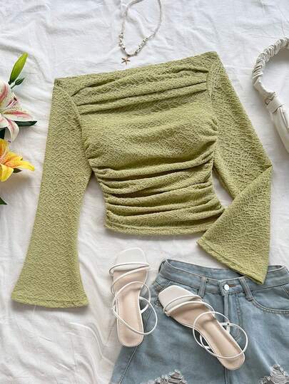 Soleia 女士纯色露肩喇叭袖荷叶边时尚T恤