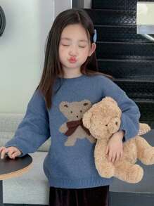 Dazy Kids 小女孩熊图案蝴蝶结装饰毛衣，秋冬休闲装 - 霧霾藍 - 查看 3