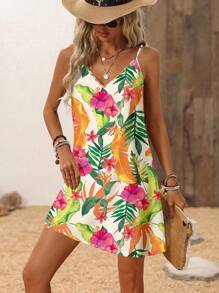 SHEIN LUNE Váy ngắn họa tiết nhiệt đới phong cách Boho với viền thẳng và dây mảnh Váy nghỉ mát nhiệt đới cho nữ Váy suông mùa hè Váy thường ngày mùa hè Váy suông họa tiết hoa Váy Hawaii Váy sang trọng - Nhiều màu - Xem 3