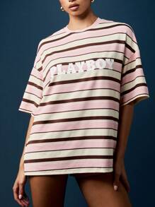 Missguided x Playboy Oversized Striped T-Shirt Retro Casual Summer Neapolitan Ice Cream Color Block Short Sleeve Loungewear Streetwear Fashion Statement Tee - Multicolor - View 4