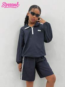 Girls'Navy Blue Autumn Long-Sleeve Windbreaker Set With Shorts,Fashionable Minimalist Stylish Look,Cow Boy Vacation Youthful Vitality Outfit - Royal Blue - View 6