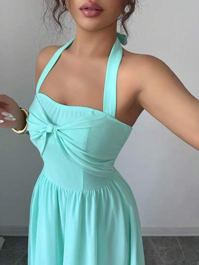 Selianne Vestido elegante y romántico para mujer con escote halter, lazo en la cintura, plisado y silueta evasé