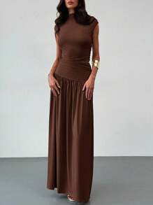 Aloruh New Elegant Stand Collar Pleatered Slim Fit Top And High Waist Skirt 2 Pieces Outfit, Commuting, Outing, Date - Coffee Brown - View 5