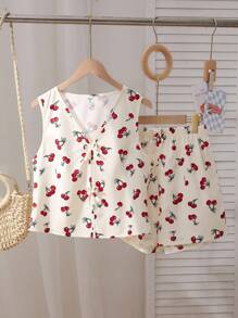 Sparklyn 2 buc/set fete adolescente la modă sport drăguț simplu model cireșe cu bowknot cu decolteu în V camisol și pantaloni scurți casual, naveta și purtare zilnică