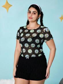 LE PETIT PRINCE X SHEIN 大码女式休闲街头时尚性感全身印花生菜边透视修身上衣，夏季 - 黑色 - 查看 3