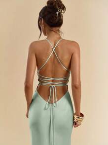 SHEIN BAE 杏色和白色深V领细肩带超长露背系带缎面美人鱼连衣裙，优雅连衣裙，度假连衣裙，伴娘连衣裙，生日派对连衣裙，毕业礼服，白色连衣裙 - 薄荷綠 - 查看 3