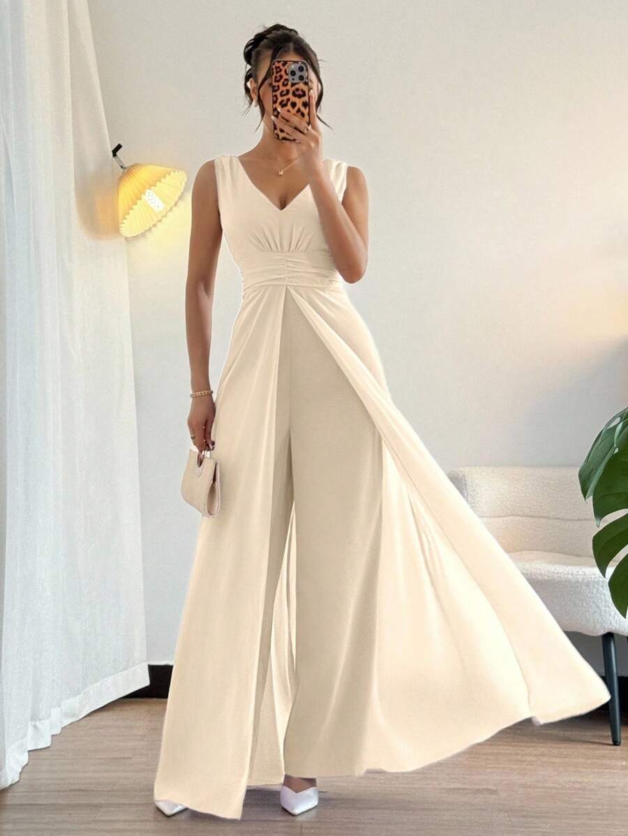 Breezaya 优雅V领褶腰珍珠雪纺阔腿连体裤，适合婚礼宾客礼服，紫色 - 杏色 - 查看 1