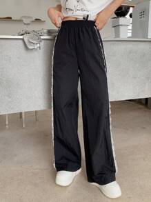 SHEIN Quần dài thường ngày dệt trơn màu chắp vá hai lớp nhún bèo cho bé gái tuổi teen - màu đen - Xem 2