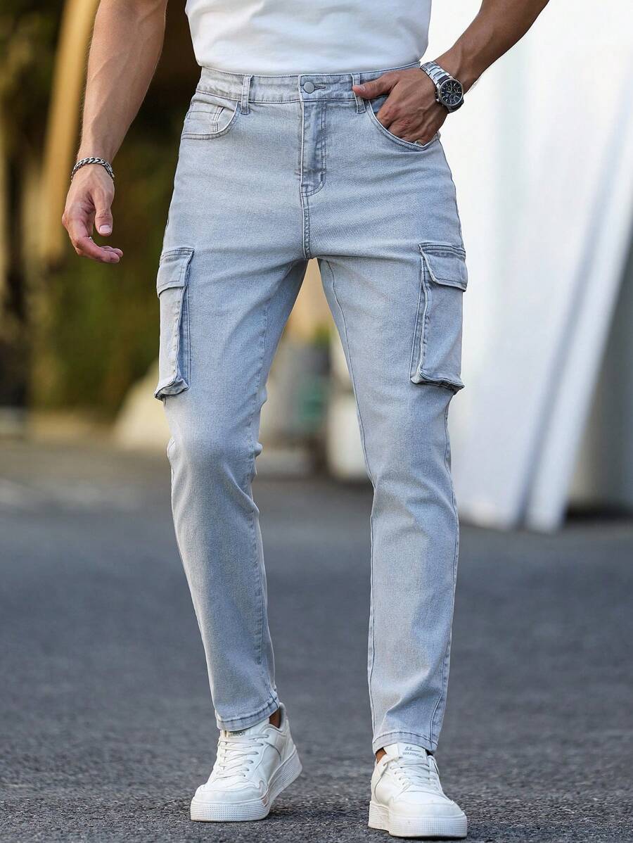 Manfinity Homme 男士街头时尚休闲多口袋紧身灰色牛仔裤 - 灰色 - 查看 1