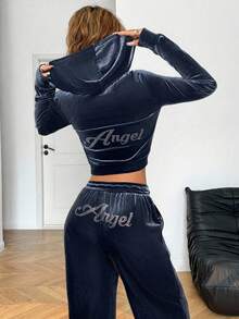 SHEIN EZwear Bộ đồ thể thao quần dài và áo khoác nhung ngắn màu trơn dành cho nữ - Xám - Xem 2