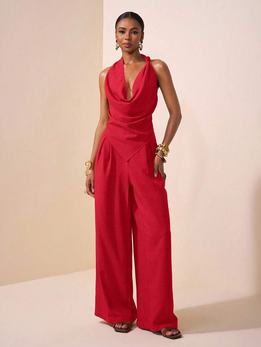 Zivah 2025 春夏新款音乐节、复活节、圣帕特里克节、西部风、游牧风、生日派对、毕业典礼、学院风、学生装、日常休闲、百搭百搭、休闲、邮轮旅行、海滩、日光浴、病毒式传播、街头服饰、婚礼嘉宾波西米亚风、通勤、早午餐、机场装 - 棕色纹理面料不对称结饰设计尖头上衣、喇叭领上衣和阔腿裤套装 - 紅色 - 查看 1